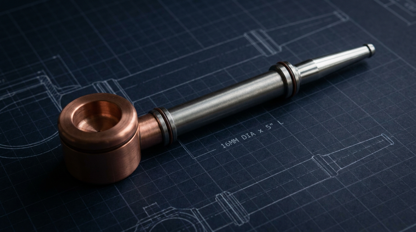 KLIK assembled pipe — brushed copper head, brushed steel tube, polished steel mouthpiece